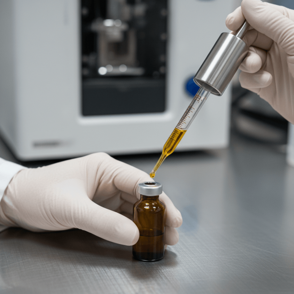 Technicien manipulant pipette de précision pour analyse d'échantillon d'huile CBD en laboratoire accrédité